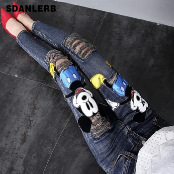 

Jeans Femme Spring Autumn New Jeans Women Korean Style Cartoon Patch Slim Hole Pencil Pants Ladies Jeans Jeansy Damskie