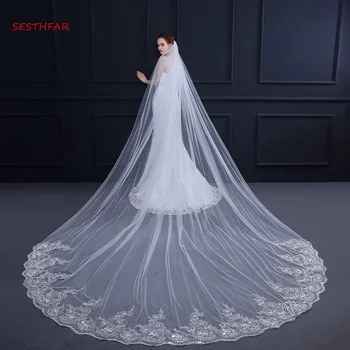 

4 Meter Cathedral Wedding Veils Long Lace Edge Bridal Veil with Comb Wedding Accessories Bride Veu Wedding Veil