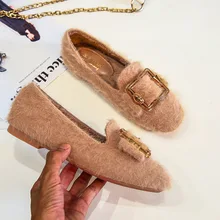 Новинка; женская зимняя обувь на меху с блестками; обувь для беременных на плоской подошве с металлическим мехом; Мокасины с квадратной пряжкой; удобная женская обувь; большие размеры