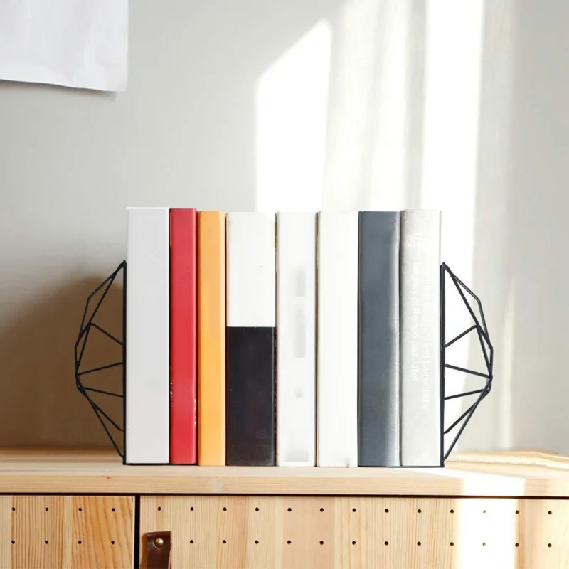 

2PCS Geometric Bookends Decorative Iron Book Stoppers For Home Office Unique Retro Style Book Shelf