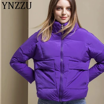 

YNZZU 2019 New Winter Jacket Women Casual Solid Purple Stand Collar Warm Female 90% White Duck Down Coat Short Outwear A1265