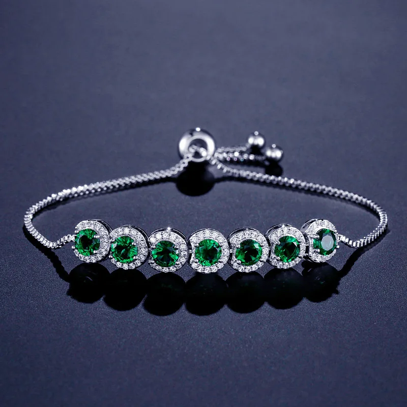 Silver Color Прозрачный Круглый Изумрудный браслет из драгоценных камней для женщин, простой дизайн, геометрическое серебро 925, ювелирное изделие, розовое золото, цвет, длина регулируется - Цвет камня: Silver Color