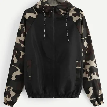 

Color Patchwork Zipper Coat Ladies Hooded Army Green Jacket Camouflage Print Jacket