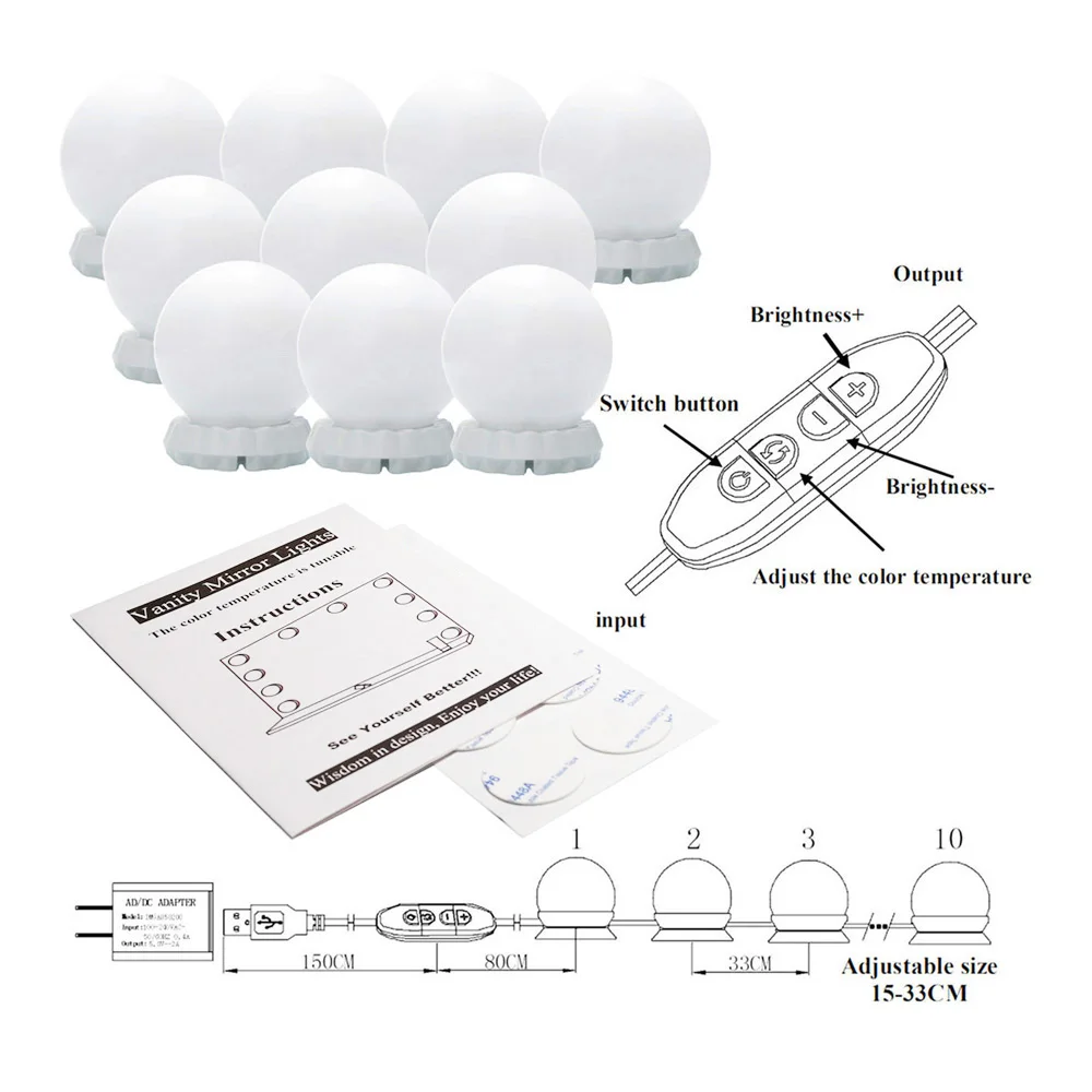 

10LED LED Vanity Mirror Lights Kit 3 Color Dimmable Cosmetic Lamp Light Bulbs Dressing Table Hollywood Style Makeup Lights