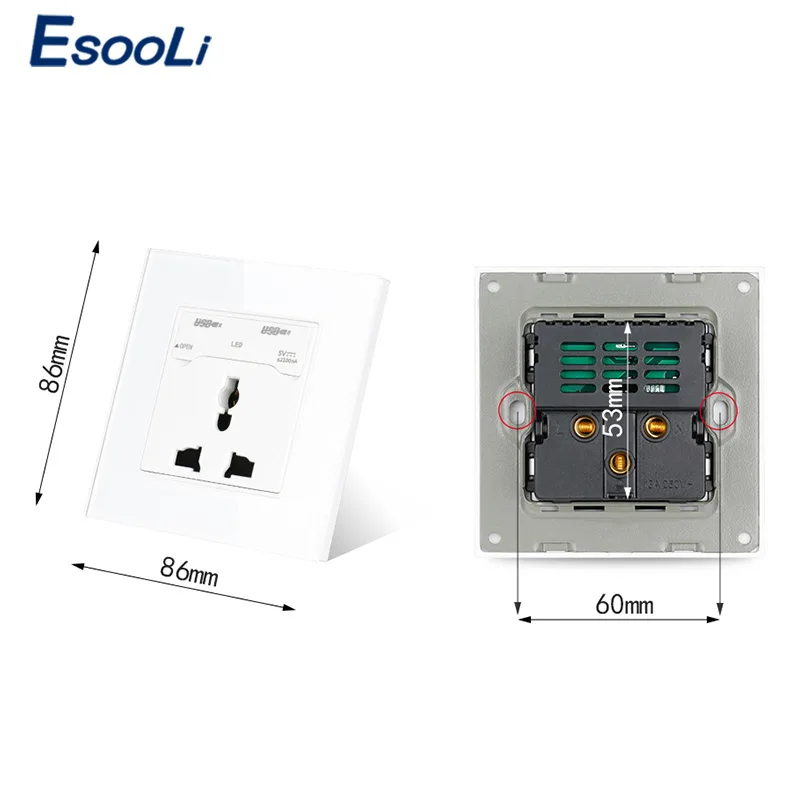 Esooli 86 Тип Хрустальная стеклянная панель 13A 250V Универсальная Розетка с двойное зарядное устройство usb порт выход 2.1A с Светодиодный индикатор