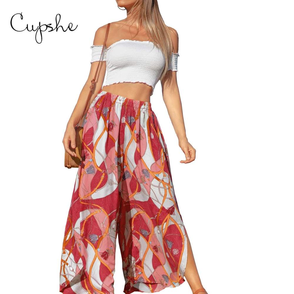 CUPSHE Boho печати широкие брюки женские сексуальные эластичные с высокой талией повседневные брюки Весна летнее пляжный отдых раздельные брюки