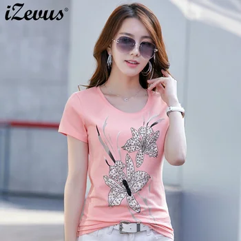 

IZEVUS New spring / summer 2020 short-sleeve women's T-shirt O-neck hand-beaded Lotus slim T-shirt