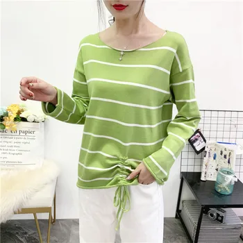 

COIGARSAM 4XL Plus Size Striped blouse women New Knitting Thin blusas womens tops and blouses Black Avocado Green 682