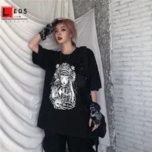 Camiseta negra oscura estampada para mujer, camisetas góticas sueltas Punk rock Harajuku, ropa de calle femenina estética, tops vintage