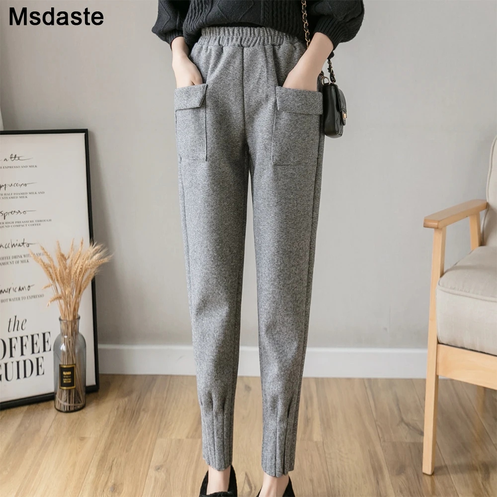 Woolen Pencil Pants For Women Elastic Waist Female Fall Autumn Spring Wear  Ladies Trousers New Woman Plaid Casual Harem Pants - Pants & Capris -  AliExpress