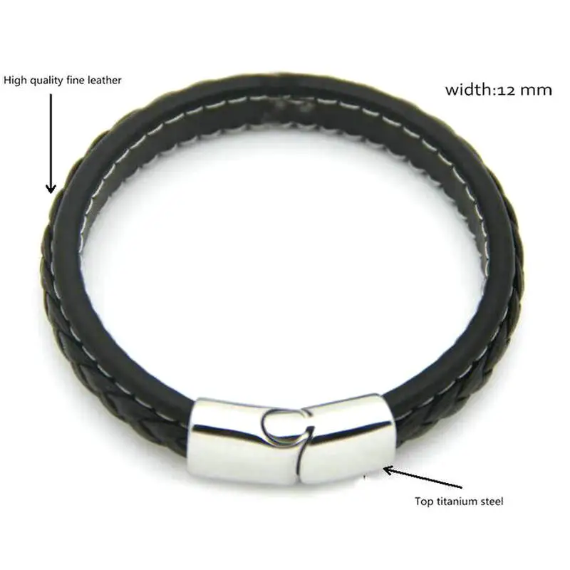 ANILLO Рок Плетеный Черный натуральной кожи мужчин Bangle Punk из нержавеющей стали Магнит застежка Золотой цвет Браслеты-манжеты Ювелирные изделия 215 мм