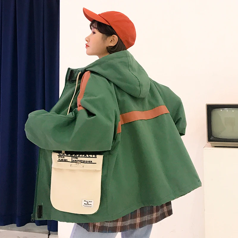 Harajuku куртка оверсайз для женщин осень пэчворк Хип Хоп мода уличная хит цветной принт свободный жакет с капюшоном