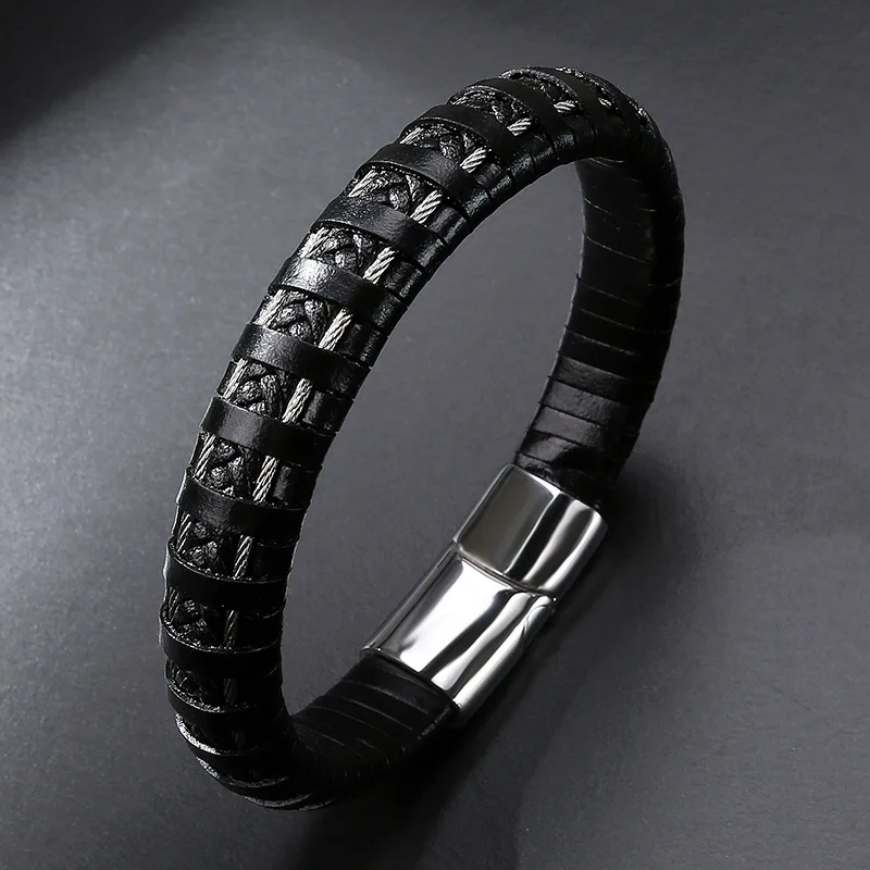 New Fashion Leather Bracelet Men Elegant Design Brown Winding Weaving Titanium Steel Bracelets For Male Wristband Jewelry Gifts