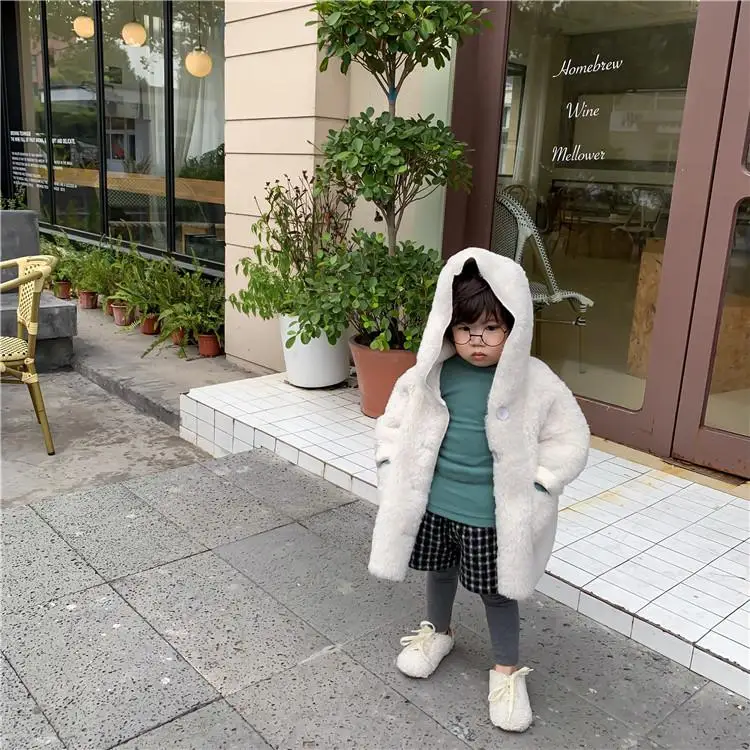 Коллекция 3028 года, новое пальто с мехом Детское пальто с капюшоном на осень и зиму, г., свободное корейское пальто для девочек Толстая теплая куртка пуховое пальто - Color: White