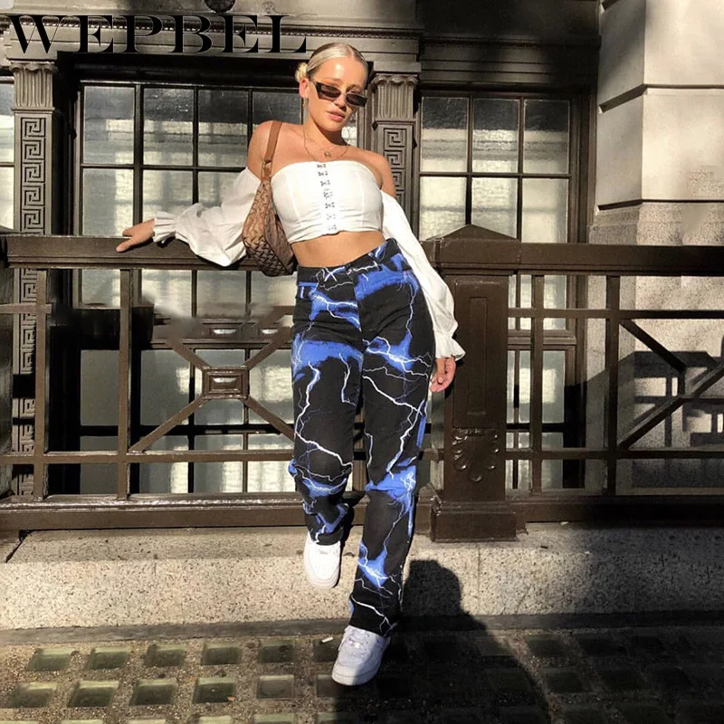

WEPBEL Autumn and Winter Lightning Print Fashion Wide Leg Pants Women's Button Fly High Waist Loose Pants