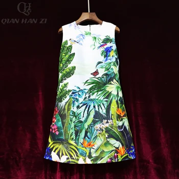 

Qian Han Zi 2020 Designer Fashion Summer Dress Women Green Leaf Print Beading Jacquard Casual Tank Dress