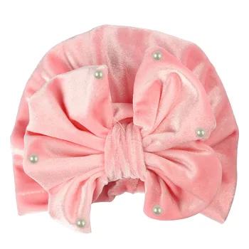 

New Children's Velvet Turban Pearl Bowknot Baby Turbantes