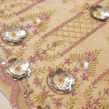 

High-grade fabric sequins applique embroidery string pearl-dyed embroidery tissu High-grade soft screen wedding dress patchwork