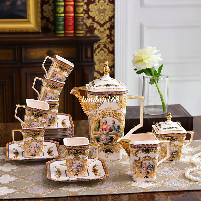 

Creatvie square coffee cups and sacuers European style palace character coffee set Ceramic tea set Bone china drinkware