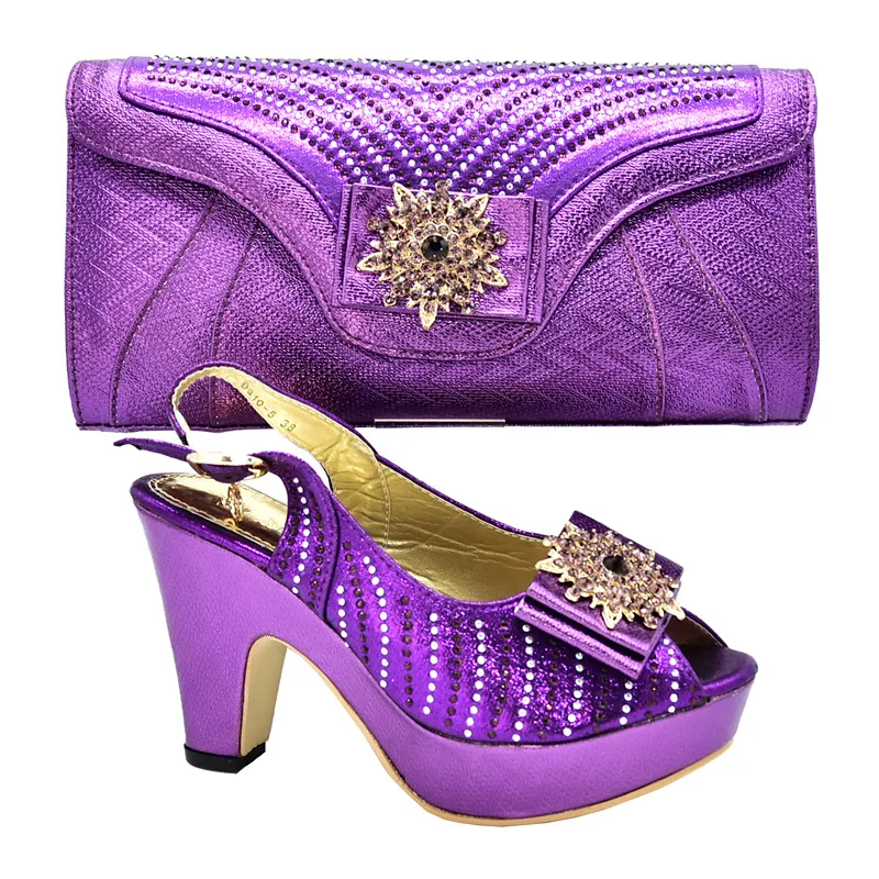 Итальянская женская обувь и сумочки в тон, украшенные стразы из женской обуви и сумочки в нигерийском стиле; Летняя обувь на высоком каблуке для Для женщин элегантные - Цвет: Фиолетовый