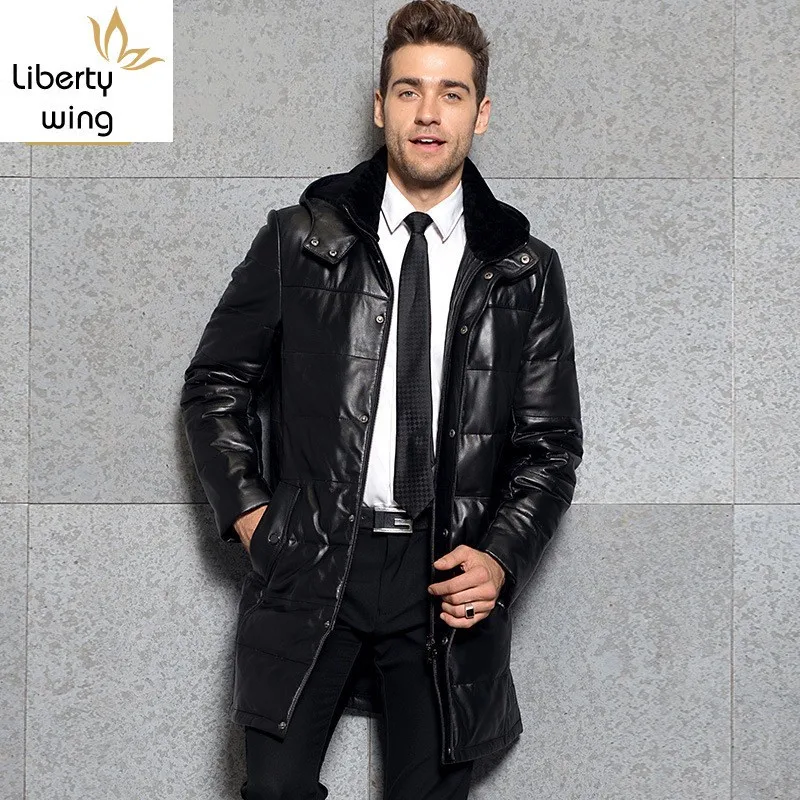 

Business Man Winter Outwear Long Down Jacket Parka Hooded Windbreaker Genuine Leather Overcoats Mens Office Work Trench Coats