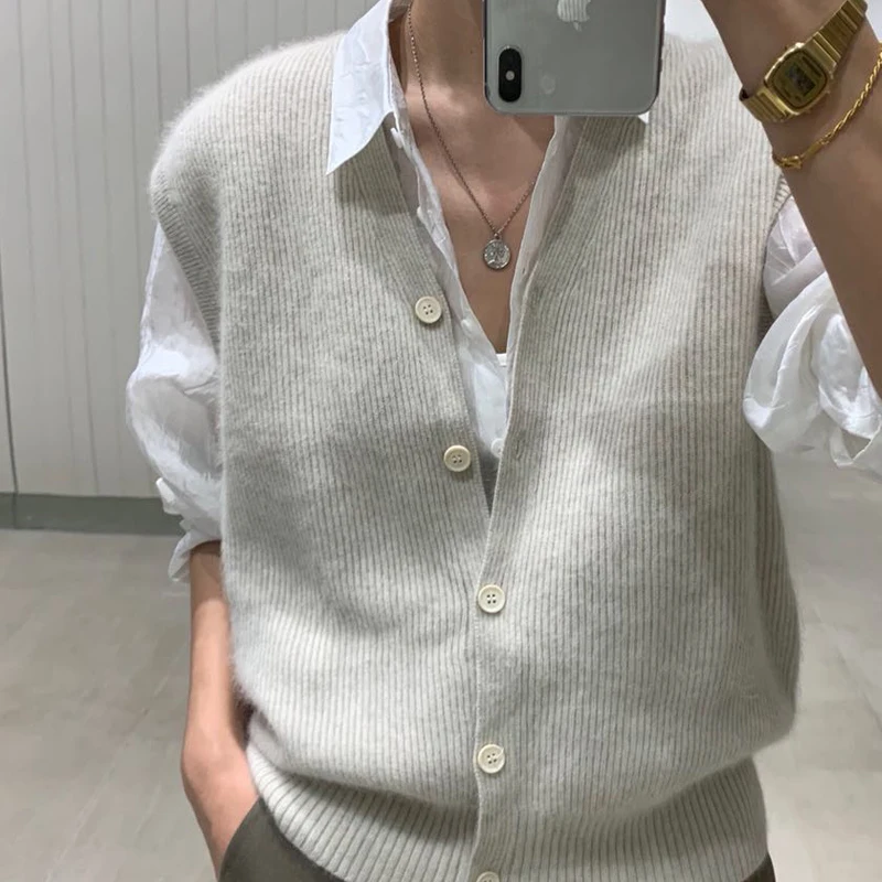 

2023 100% wool vest V-neck cardigan women's sleeveless sweater pure color casual loose cashmere vest new product ATTYYWS brand