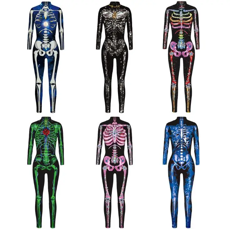Scary Halloween Skeleton Print Costume Adult Women Horror Carnival Joking Catsuit Jumpsuit Long Sleeves Bodysuit For Lady Girls