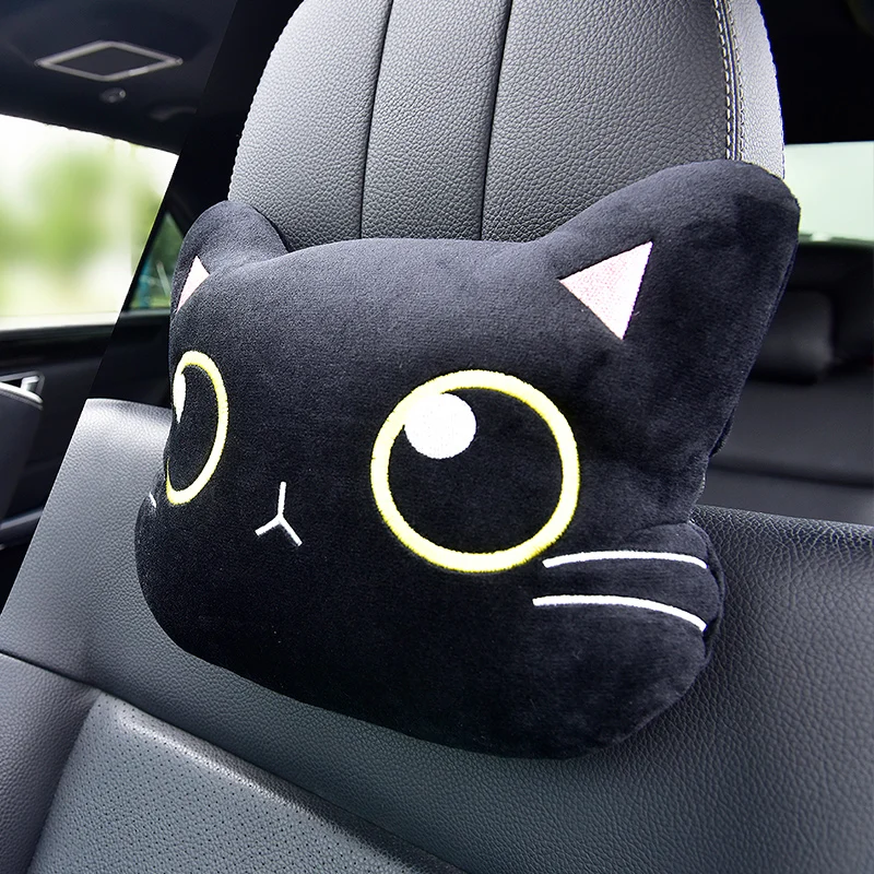 Cute Cat Car Neck Pillow Cartoon Cat Head Car Headrest Travel Cushion Seatbelt Shoulder Pads Covers Rearview Mirror Cover
