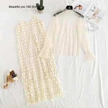 

dress 2020 Spring Women's clothes Spring Autumn Fairy French sequins leaf gauze suit dress socialite