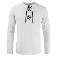 2022 Men T-shirt Vintage Viking Embroidery Lace Up V Neck Long Sleeve Shirt Male Hipster Shirts Tops рубашка camisa masculina - Image 4