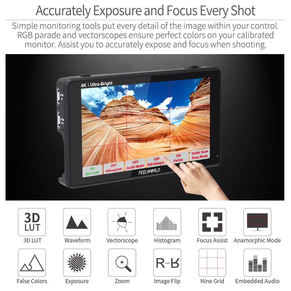 FEELWORLD 2600nits HDR 3D LUT6 Inch Touch Screen on Camera Field DSLR Monitor with Waveform VectorScope  for twitter stabilizer