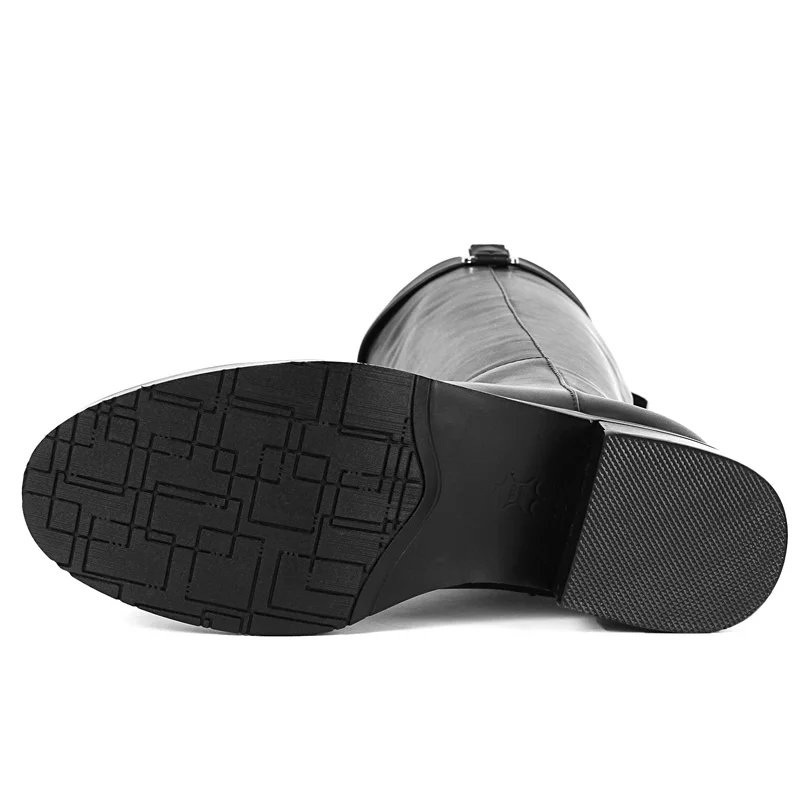 Кожаные сапоги до колена Женская осенне-зимняя обувь женские мотоциклетные ботинки на среднем квадратном каблуке, с круглым носком и пряжкой, черного цвета, A354