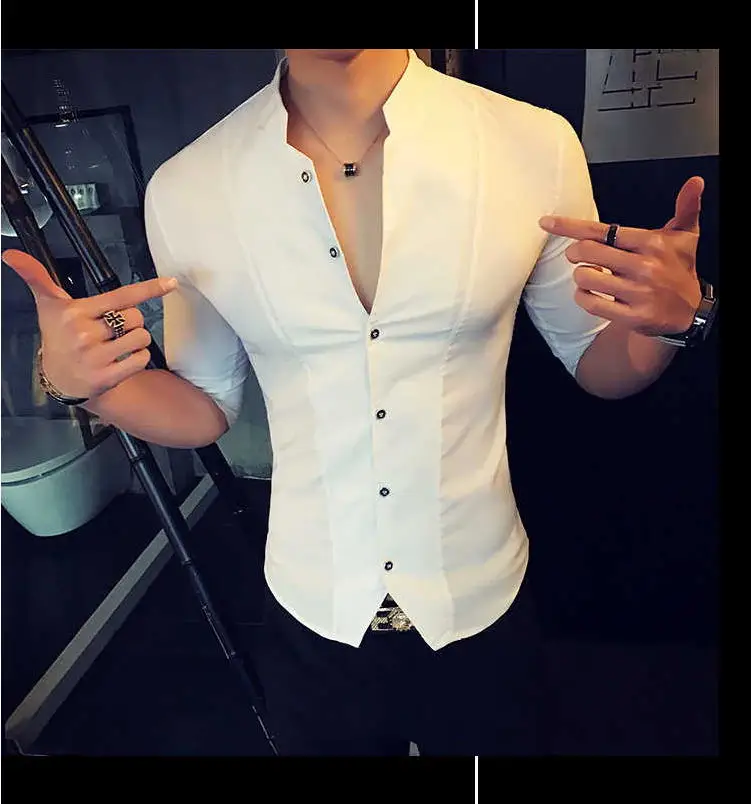Camisa de estilo chino de cuello alto para hombres ropa de Corea de ajuste delgado para hombres de media manga