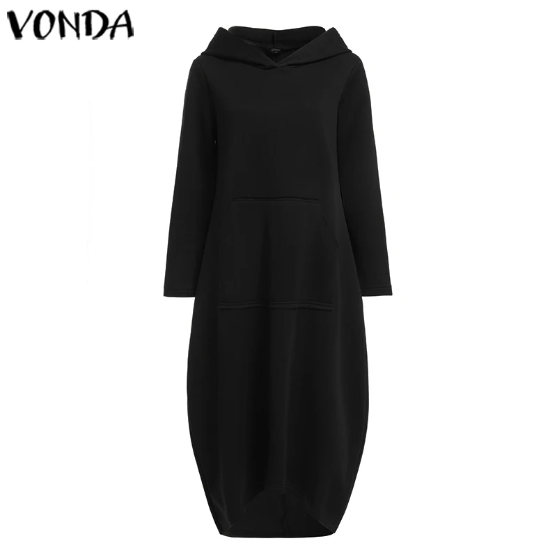 Платье с длинным рукавом VONDA осенние однотонные платья с капюшоном размера плюс пляжный сарафан богемные Vestidos Femme длинный халат