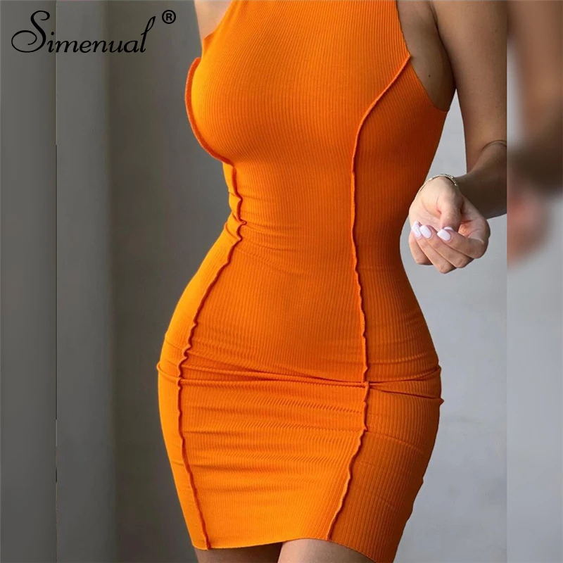 Simenual Ribbed Sleeveless Bodycon Summer Dresses For Women 2021 Fashion Club  Partywear Outfits Sexy Skinny Mini Dress Solid long sleeve maxi dress