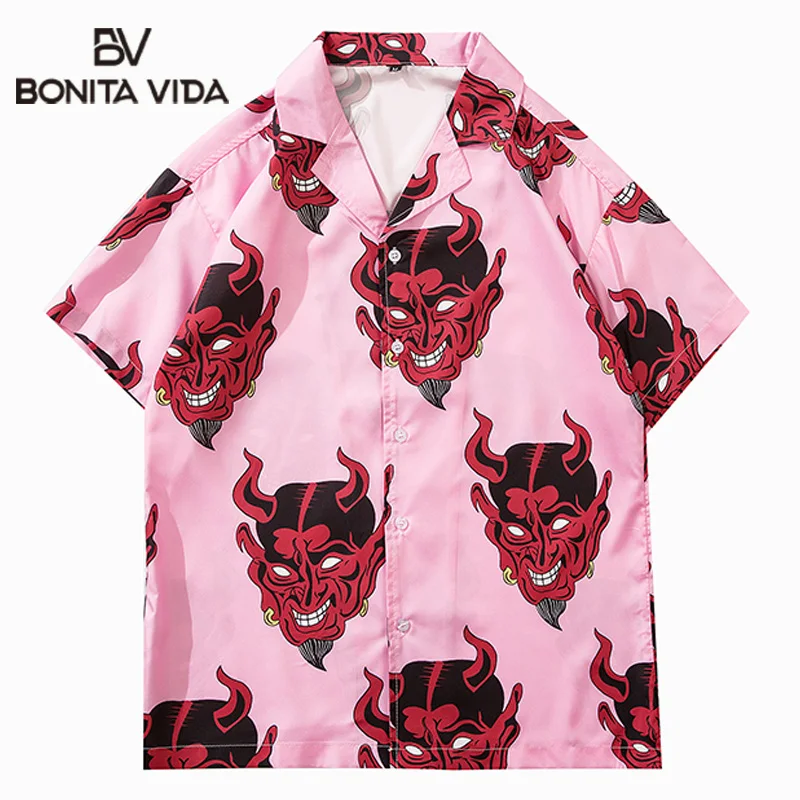 Bonita Vida Hawaiian Shirt Men Hip Hop Streetwear Devil Print Short Sleeve Holiday Beach Shirts Japanese Style Harajuku Blouse | Мужская