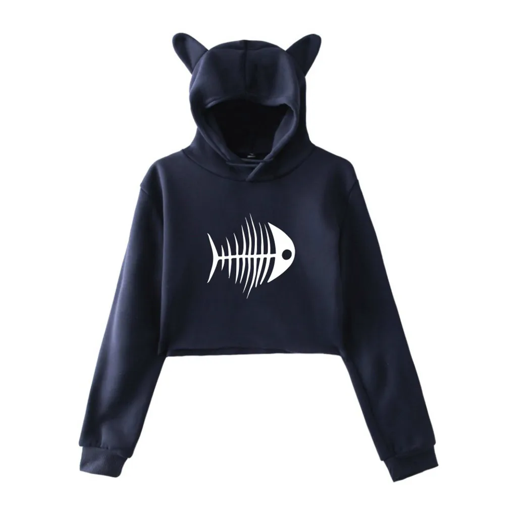 Женская толстовка с капюшоном и кошачьими ушками осенне зимний пуловер принтом