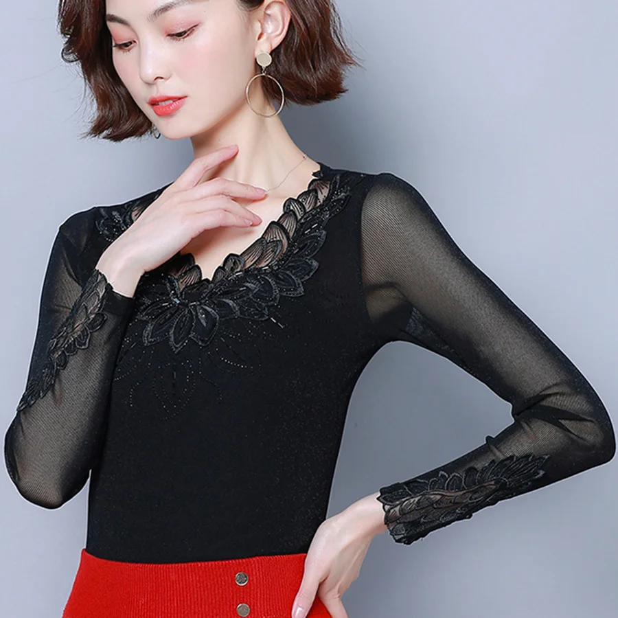  Lace blouse bottoming fashion shirt slim 2019 new autumn women long sleeve Diamonds mesh blouse shi