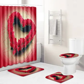 

New Romantic 4Pcs/Set Rose Pattern Non-Slip Home Toilet Pad Cover Bath Mat Shower Curtain Set for Valentine's Day New