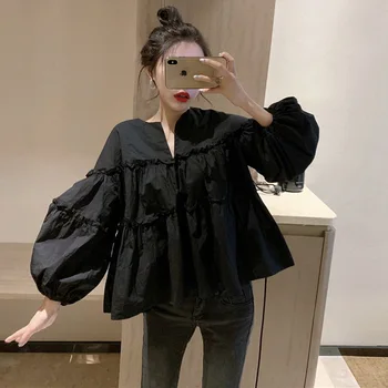 

Autumn 2019 New Korean Retro Hong Kong Style Bubble Sleeve Top Black Loose Round Collar Long Sleeve Shirt Fashionable