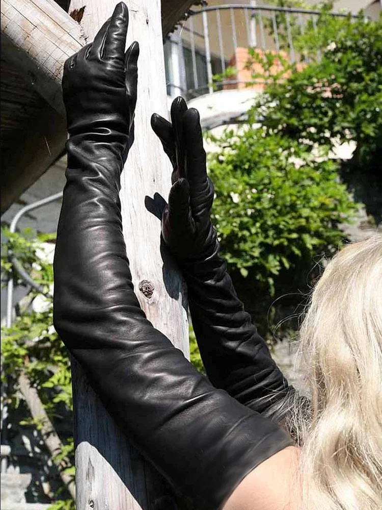 Женские длинные перчатки из натуральной овечьей кожи черные|fashion leather gloves|leather