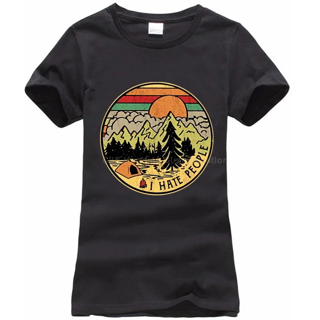 Women black Camping I Hate People I Love Camping Винтажная футболка Черная Хлопковая мужская мультяшная Футболка Мужская Унисекс Новая модная свободная футболка - Цвет: Women black