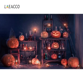 

Laeacco Pumpkin Light Wood Shelf Bottle Broom Photography Backgrounds Photo Backdrops Happy Halloween Party Photophone Photozone