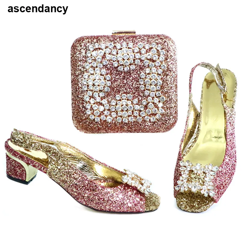 

African Party Shoe and Bag Set African Shoe and Bag Set Decorated with Rhinestone Italy High Heels Women Wedding Party Shoes