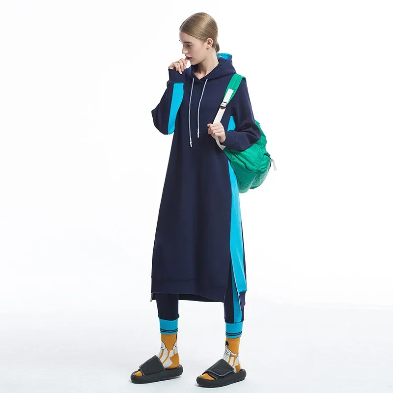 

2019New Arrivals Spring Autumn Women Casual Sports Style Cotton Hooded Sweatshirt Ladies Streetwear Side Slit Long Hoodies Dress