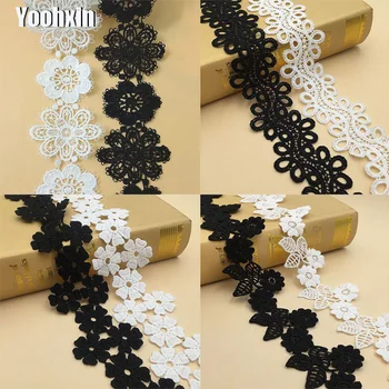 

HOT Water soluble Embroidered White black flower lace fabric sewing DIY trim applique Ribbon craft collar guipure New Year decor