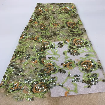 

2020 high quality French Nigerian sequins net lace,African tulle mesh sequence lace fabric for party dress 5yards/lot green