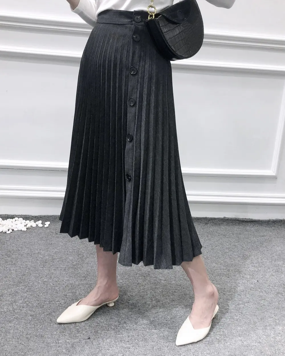 Модная женская элегантная плотная плиссированная юбка на пуговицах с высокой талией трапециевидной формы, однобортная повседневная юбка миди для женщин