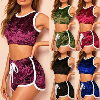 

Women Crushed Velvet Slim Pajamas Set Crop Top Shorts Suit Sleepwear Sexy Chemise Panty Nightwear
