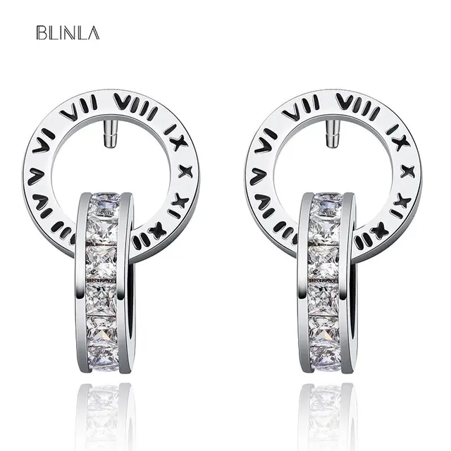 BLINLA Fashion New Stainless Steel Acrylic Crystal Stud Earrings for Women Jewelry Vintage Roman Numerals Smmaallye Earring 2021 Silver 3